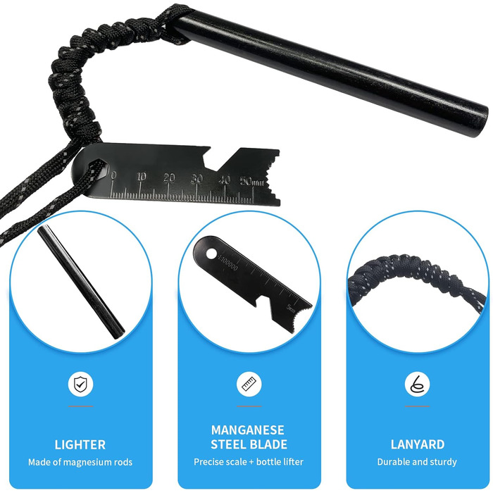 Кресало Newaner XXL Вогнепал з креміню та магнію з паракордом, сталевий скребок з відкривачкою для пляшок та мірною шкалою. Ідеально підходить для кемпінгу, активного відпочинку та виживання (1 комплект)