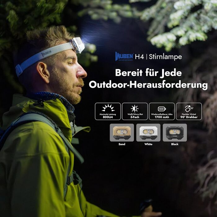 Світлодіодний акумуляторний налобний ліхтарик WUBEN H4, налобний ліхтарик 800 люмен, водонепроникний налобний ліхтарик IP68 з датчиком руху, ліхтарик-налобний ліхтарик з 10 режимами, включаючи червоне світло, для кемпінгу, риболовлі та піших прогулянок, а