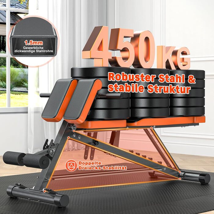 Регульована похила лава XDDIAS 4-в-1, тренажер для розгинання спини великого розміру, лава для присідань з опорною подушкою, 8-рівнева лава для тренувань спини для горизонтального, похилого та вертикального положень, до 450 кг, помаранчевий колір