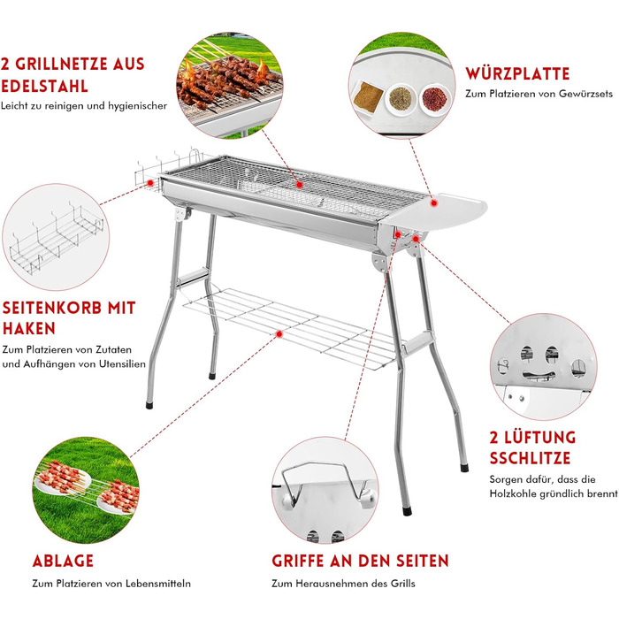 Переносний вугільний гриль 100 см з решіткою для шашлику та барбекю для саду, кемпінгу, тераси Складаний гриль для пікніка з нержавіючої сталі