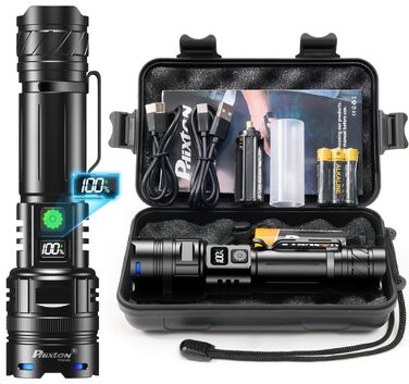 Акумуляторний світлодіодний ліхтарик PHIXTON, надзвичайно яскравий 500 000 люмен, 1 режим світла, дальній радіус дії, суперяскравий та потужний тактичний ліхтарик USB-C, масштабований акумуляторний ліхтарик для зовнішньої безпеки, 32,0 Вт-години