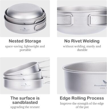 Набір з 3 титанових чаш для кемпінгу та пікніка Boundless Voyage Outdoor Ultralight, титанова каструля