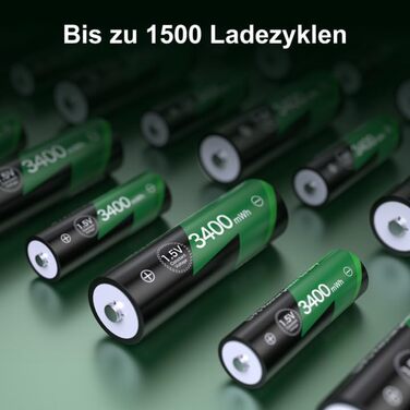 Літієві батарейки типу АА, 8 шт. , із зарядним пристроєм, акумуляторні батарейки високої ємності 1,5 В 3400 мВтгод, 1500 циклів розрядки/зарядки, зарядний пристрій із РК-дисплеєм