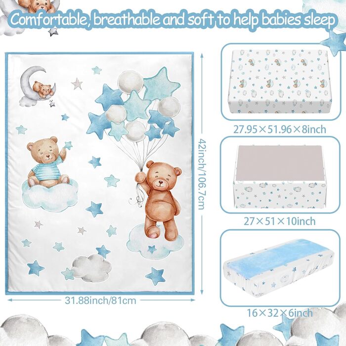 Набір постільної білизни для дитячого ліжечка Mixweer з 5 предметів, що включає тематичний ведмедик з повітряних кульок, простирад