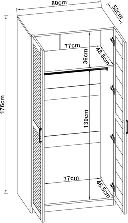 Шафа Finning з 2 дверима, 176 x 80 x 52 см, з 1 рейкою для одягу та 1 верхнім відділенням, біла, ширина 80 см, 1 полиця