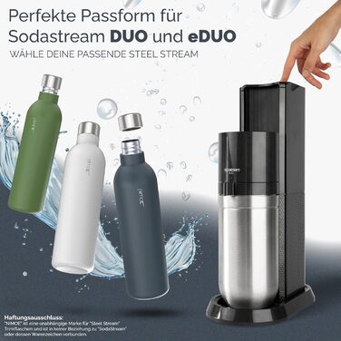 Сумісний з Sodastream DUO, E-DUO Пляшка з нержавіючої сталі об'ємом 1 л з порошковим покриттям Металева пляшка, яку можна мити в посудомийній машині для подорожей 100 герметичне деревне вугілля