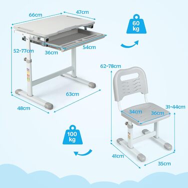 Дитяча парта COSTWAY, регульована по висоті дитяча парта з відкидною стільницею та шухлядою, багатофункціональна парта зі стільцем