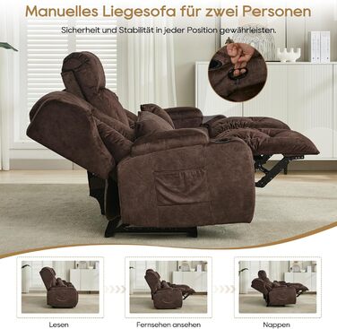 Місний розкладний крісло-реклайнер з функцією відкидання спинки та підставкою для ніг, двомісне крісло для телевізора з консоллю, подвійне кінокрісло з ручним регулюванням вагою до 360 кг (розкладна центральна консоль, коричнева оксамитова тканина) Коричн