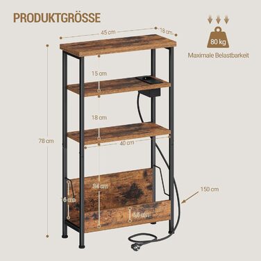 Вузький бічний столик Hzuaneri, 4-ярусний бічний столик для дивана з тримачем для журналів та зарядними розетками, підходить як тумбочка для вітальні або кабінету, вінтажний коричнево-чорний ET40001BEU