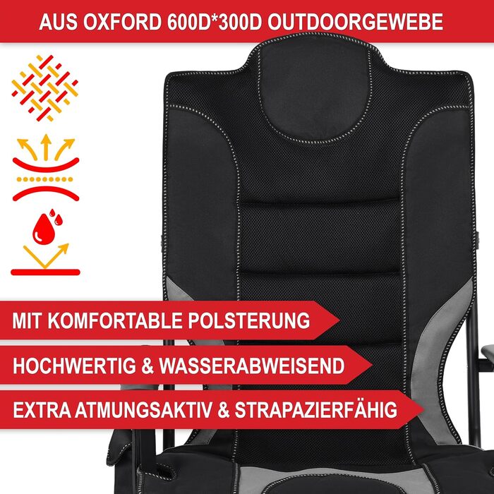 Складаний кемпінговий стілець, висока спинка, зручна оббивка з великим місцем для зберігання речей, підсклянник, 2 підлокітники, вантажопідйомність до 150 кг, компактний та легкий складний стілець із сумкою, чорний кемпінговий стілець