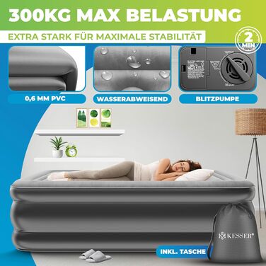 Надувний матрац KESSER, самонадувальне гостьове ліжко з вбудованим електричним насосом, повітряний матрац для кемпінгу або домашнього використання, з сумкою, підходить для 1 особи - 203 x 95 x 51 см, одномісний, сірий/антрацитовий