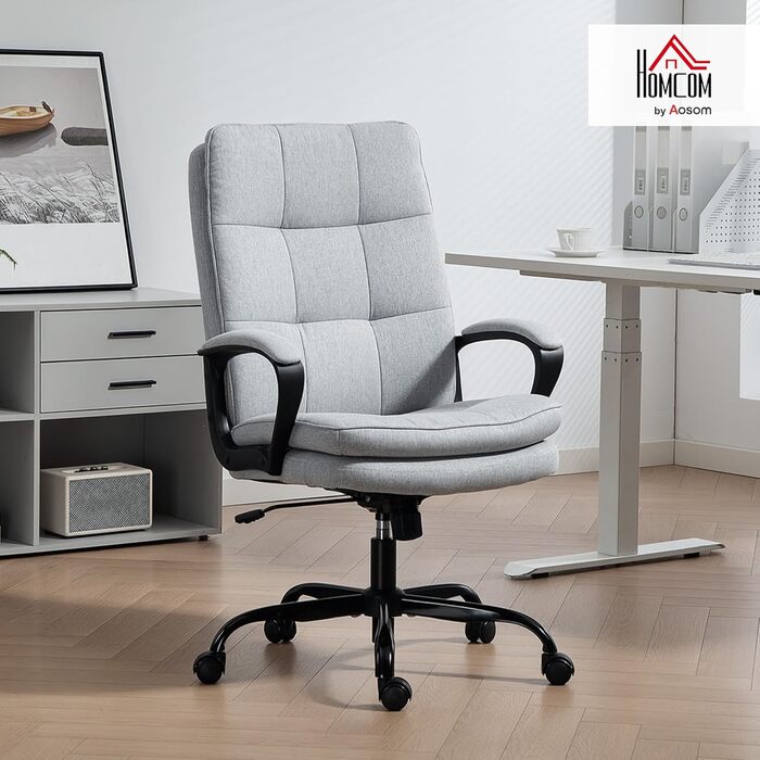 Офісне крісло керівника HOMCOM, тканинне комп&39ютерне крісло з двошаровою оббивкою, висока спинка, безшумні поворотні колеса, підлокітники, регулювання висоти, функція нахилу для домашнього використання, світло-сірий колір