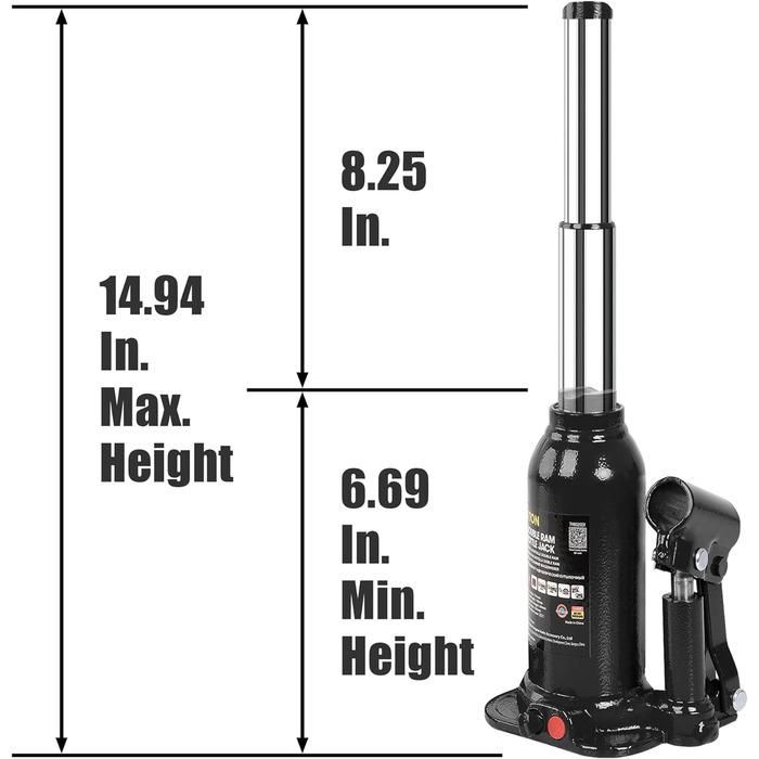 Пляшковий гідравлічний автомобільний домкрат Torin ATH80802XB Double Ram для ремонту автомобілів і домашнього ліфта, чорний, 8 тонн (подвійний таран, 2 тонни (4,000 фунтів))