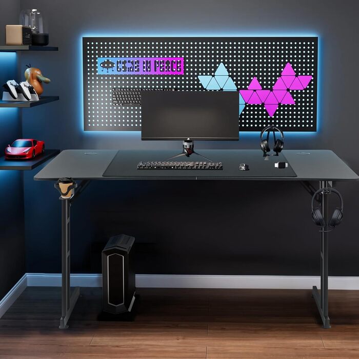 Ігровий стіл 120 x 60 см, Z-подібна рама, комп&39ютерний стіл з вуглецевим волокном, ергономічний ПК-стіл з гачком для навушників та підставкою для склянок, чорний 120 x 60 см, чорний, без RGB-підсвічування