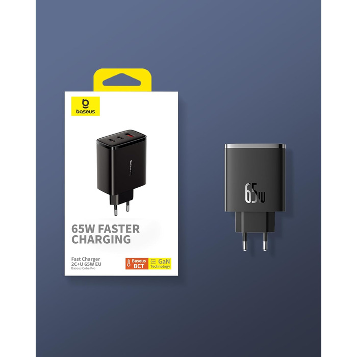 Зарядний пристрій Baseus USB C, 65 Вт адаптер живлення USB C, 3-портовий зарядний пристрій PD з PPS, швидкий зарядний пристрій GaN