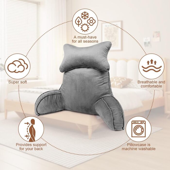 Подушка для читання, подушка для спини зі знімним валиком для шиї та підлокітниками, подушка для відпочинку на ліжку для використання в ліжку або на дивані, подушка для спини для читання, роботи та ігор