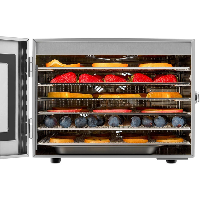 Дегідратор з нержавіючої сталі з регулятором температури (30-90C) Таймер на 24 години Drrer Дегідратор Сушарки для фруктів Дегідратор для фруктів і м'яса Система циркуляції повітря на 360 Цифровий дисплей 6 поверхів