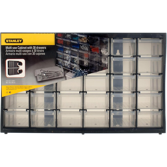 Ящик для зберігання дрібних деталей STANLEY (36,5x15,5x22,5 см, з 30 шухлядами, небиткий пластиковий каркас, прозорі шухляди, підх