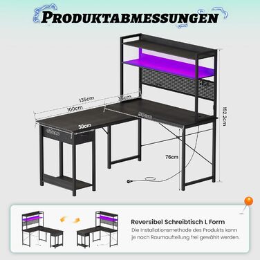 Письмовий стіл з перфорованою дошкою 135 x 90 см Кутовий стіл з полицею Великий ігровий стіл з розетками та портом USB для зарядки Ігровий стіл L-подібної форми з місцем для зберігання Чорний 135 x 90 x 152 см Чорний