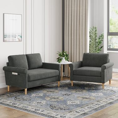 Місний диван Vesgantti, невеликий тканинний диванчик з підлокітниками, міні-диван для вітальні/квартири/офісу, легке складання, 123 x 70 x 88 см, сірий, міні-2-місний, 2-