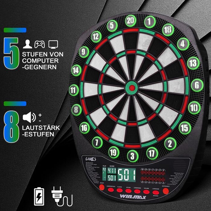 Професійний набір електронних дротиків WIN.MAX з 354 варіантами, 3 мови німецька, англійська, французька, для 1-8 гравців з 12 дротиками, коричневий