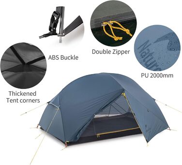 Намет Naturehike Mongar на 2 особи, надлегкий кемпінговий намет, туристичний намет на 2 особи, 4-сезонний намет, нейлон 210T PU3000 мм для кемпінгу, трекінгу, велоспорту, альпінізму, 210T синій