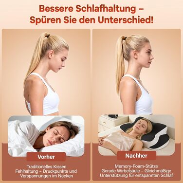 Подушка для шиї - Подушка з піни з ефектом пам&39яті - Подушка для зняття болю в шиї - Ергономічна подушка для сну на боці - Подушка для підтримки шиї для сну на боці, спині та животі - Чорна