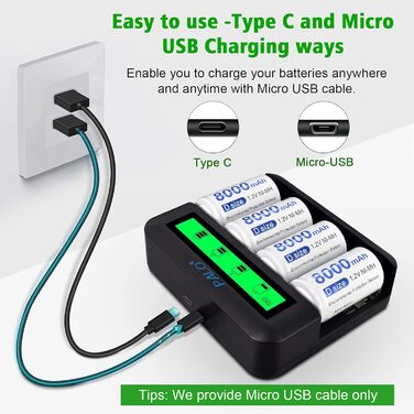 Зарядний пристрій CITYORK для акумуляторів AA AAA CD NI-MH/NI-Cd з входом Micro-USB та Type-C - швидке заряджання, автоматичне виявлення, функція захисту від перезаряджання (зовнішній вигляд може відрізнятися)