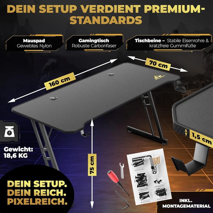 Ігровий стіл 160x70 Стіл з килимком для миші XXL та системою організації кабелів для ПК-геймерів Чорний 160x70x75