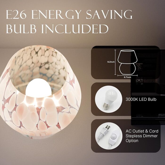 Приліжкова лампа &quotГриб&quot, світлодіодна настільна лампа з регульованою яскравістю, декоративні настільні лампи для вітальні/спальні, керамічна основа, скло, маленький нічник (трояндовий), ніжно-рожевий