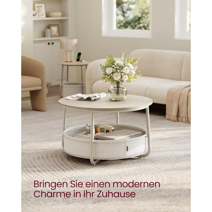 Круглий журнальний столик VASAGLE, столик із місцем для зберігання, приставний столик, столик для вітальні з тканинним кошиком, сучасний, металевий каркас, натуральний бежево-кремово-білий LCT244K01 Натуральний бежевий кремово-білий круглий