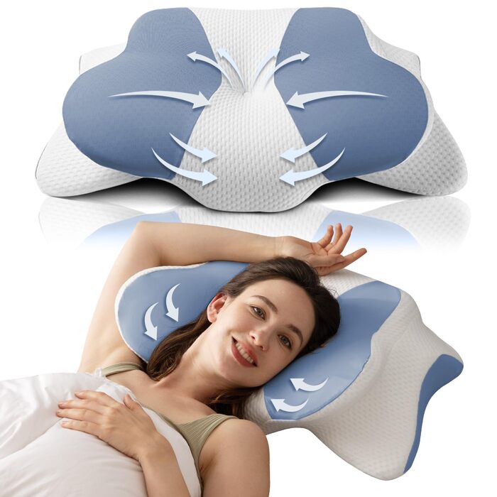 Подушка для шиї, подушка з піни з ефектом пам&39яті - Ортопедична подушка для підтримки шиї для полегшення болю в шиї та плечах для тих, хто спить на боці, спині та животі (66 x 40 x 14 см, синя) Синій 66 x 40 x 14 см