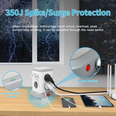 В 1 багаторазова розетка з USB, 7-контактний подовжувач живлення із захистом від перенапруги з 3 USB A та 1 USB C, багаторазова вилка з вимикачем, куб розетки з кабелем 2M, розподільна розетка USB C, 11