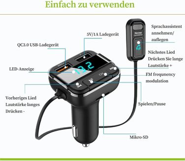 Передавач Bluetooth для автомобіля, подвійний USB FM-передавач Bluetooth 5.0 (QC3.0 і 5 В/1 А) зі світлодіодним дисплеєм, дзвінки в режимі вільні руки, голосовий помічник, підтримка TF-карти та USB-флеш-накопичувача