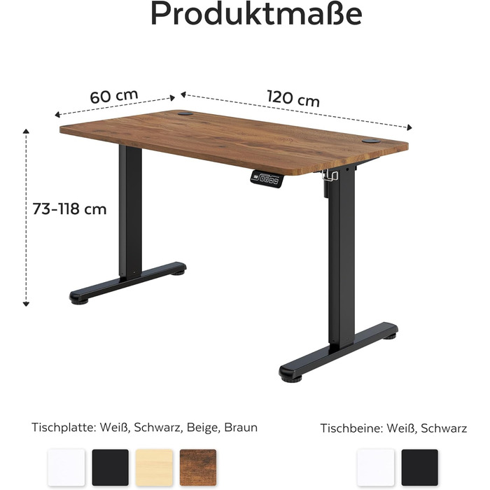 Стіл з регульованою висотою 120 x 60 см з функцією пам&39яті, Міцний стіл з електричним регулюванням висоти, стіл для роботи сидячи та стоячи, регульований комп&39ютерний стіл, стіл для роботи стоячи, коричневий, 120 x 60 см