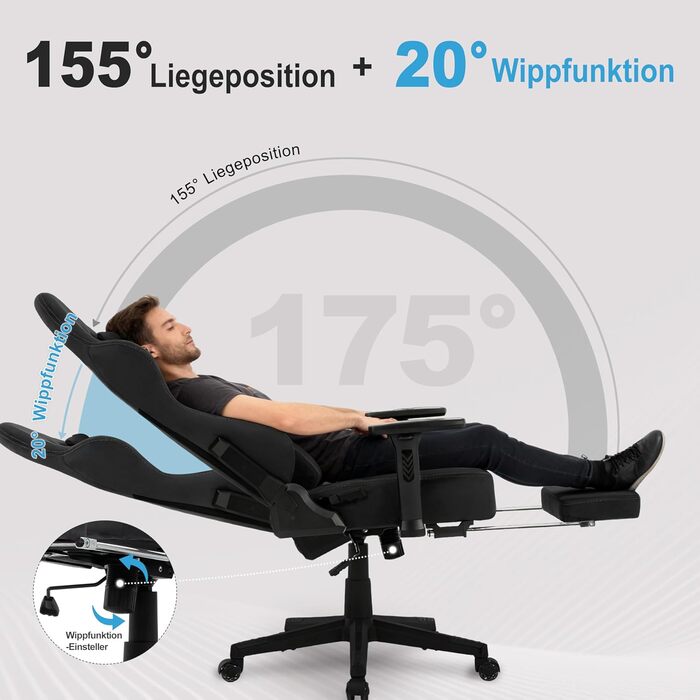 Ігрове крісло Symino з латексною подушкою сидіння, вантажопідйомність 300 кг, ергономічне комп&39ютерне крісло з поперековою опорою та підголівником з піни з ефектом пам&39яті, дихаюче офісне крісло зі штучної замші, чорне