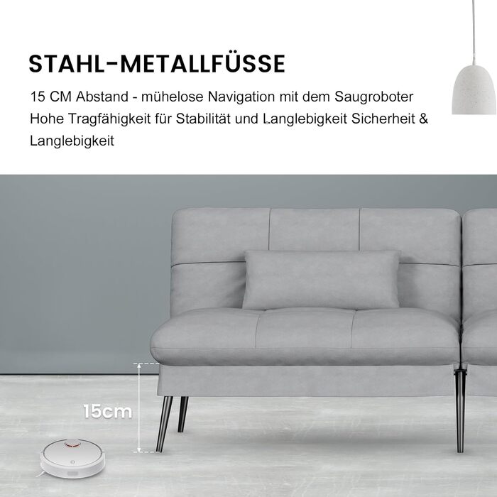 Диван-ліжко COMHOMA з функцією сну розкладний футон кутовий диван 3-місний гостьовий диван з регульованою спинкою із сірої тканини