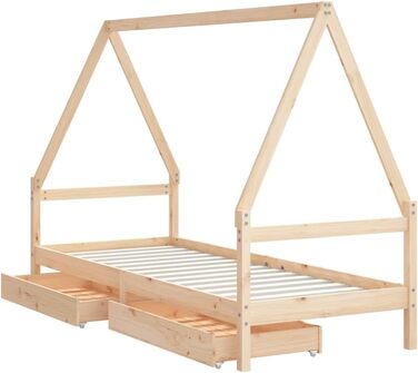 Дитяче ліжко з шухлядами 80x200 см виготовлене з масиву сосни, з рейковою основою та дизайном у формі будиночка для зберігання та приватності, міцне односпальне ліжко з місцем для зберігання 205,5 x 85,5 x 143 см натурального кольору