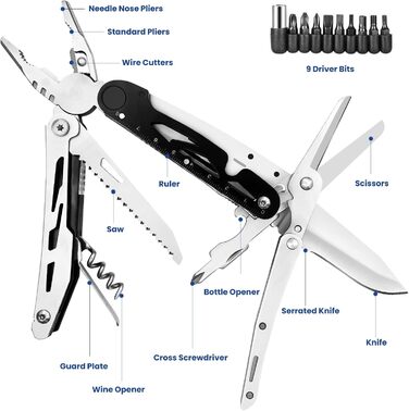 Мультитул Плоскогубці 12 в 1 з нержавіючої сталі, знімні складні ножиці, складні багатофункціональні плоскогубці, з 9 насадками дл