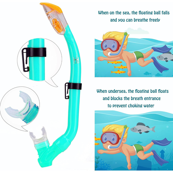 Дитячий комплект для підводного плавання з ластами, панорамна маска для дайвінгу з широким оглядом 180, регульовані ласти, високоякісна маска для підводного плавання та трубка сухого типу, колір аквамариновий