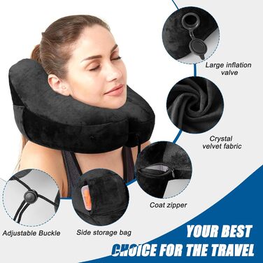 Надувна Neck Pillow з капюшоном, Neck Pillow Adults, Neck Pillow Car Travel Pillow, Quick Inflatable Neck Pillow Travel (Black)