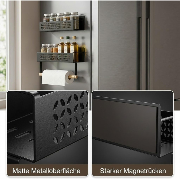 Набір магнітних підставок для спецій, 4 предмети (2 великі 2 маленькі) - Зі штангою для кухонного паперу, надзвичайно сильним магнітом, не потребує свердління - Універсальний органайзер для спецій для холодильника, кухні та стіни