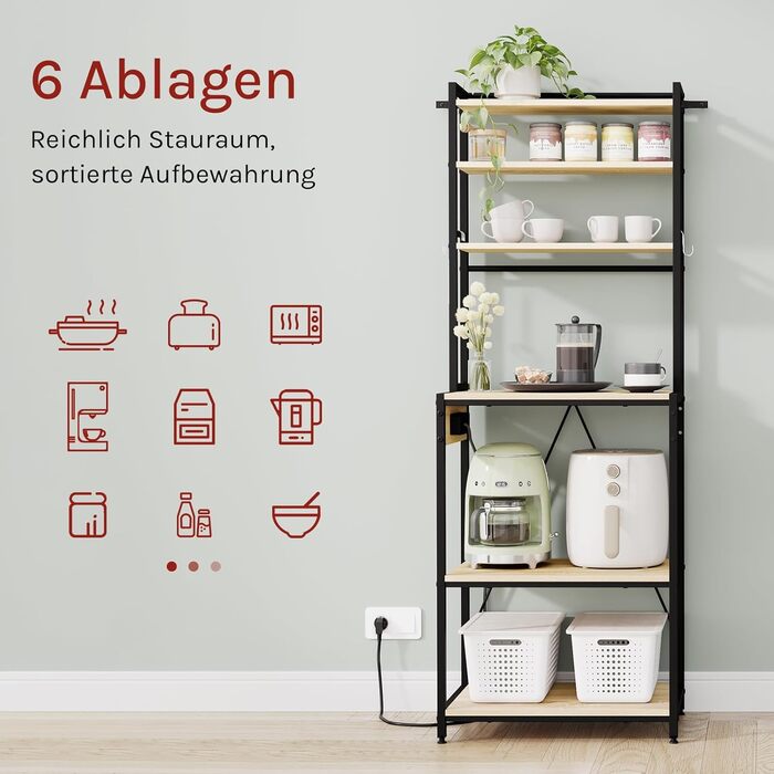 Кухонна полиця WOLTU на 6 рівнів з розетками, полиця для мікрохвильової печі з 6 гачками, полиця для пекаря з металевим каркасом, регульована полиця, чорнийсвітлий дуб, 60 x 167 x 40 см чорнийсвітлий дуб 60 x 39,5 x 167 см