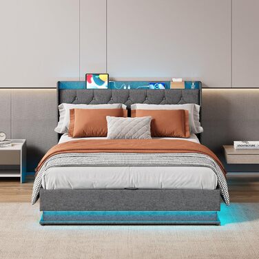 Ліжко Xbro з м&39якою підкладкою 140x200 з гідравлічним відділенням для зберігання, розетками та світлодіодним кільцевим освітленням, каркас ліжка з рейковою основою та ящиком для зберігання, двоспальне ліжко для спальні, сучасний дизайн, темно-сірий колі