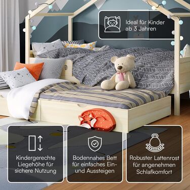 Дитяче ліжко Bellabino Bela 90x200 см Розсувне ліжко-будиночок з поручнями та рейковою основою Дитяче ліжко з гостьовим ліжком для хлопчиків та дівчаток Дерев&39яне ліжко-будиночок Монтессорі з натуральним покриттям та гостьовим ліжком Матрац не входить д