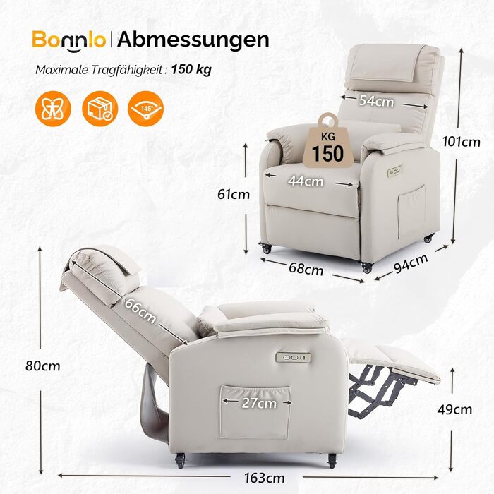 Крісло Bonnlo Recliner, крісло для телевізора, електричне масажне крісло з функцією відкидання, крісло для телевізора, 2-точковий масаж та функція підігріву, порти USB-C та USB-A, 1 бічна кишеня, шкіра, стійка до подряпин, бежевий колір