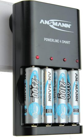 Зарядний пристрій Powerline 4 Smart AA та AAA для акумуляторів NiMH NiCD, з вилкою для Великобританії та багатокольоровим світлодіодним дисплеєм, швидке індивідуальне заряджання та моніторинг
