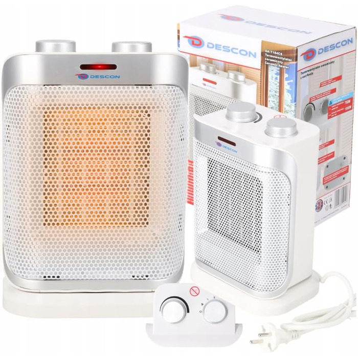 Керамічний вентилятор-обігрівач з коливаннями DESCON 1500 Вт, білий, 3 режими потоку повітря, термостат, захист від перегріву, для зонального обігріву, компактний дизайн