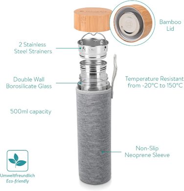 Скляна пляшка для чаю Navaris з нержавіючої сталі - пляшка для чаю 500 мл, чайник на винос - пляшка для пиття з боросилікатного скла з подвійними стінками та сірим прозорим рукавом
