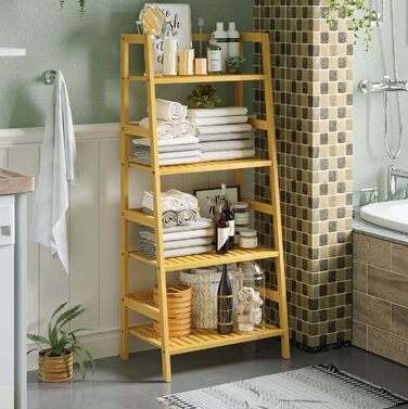 Полиця для ванної кімнати VIAGDO, полиця-драбина з 4 ярусами, книжкова полиця, полиця для взуття, полиця для рослин, полиця для балкону, полиця для квітів, багатофункціональна бамбукова полиця для невеликих приміщень, натуральний бамбук
